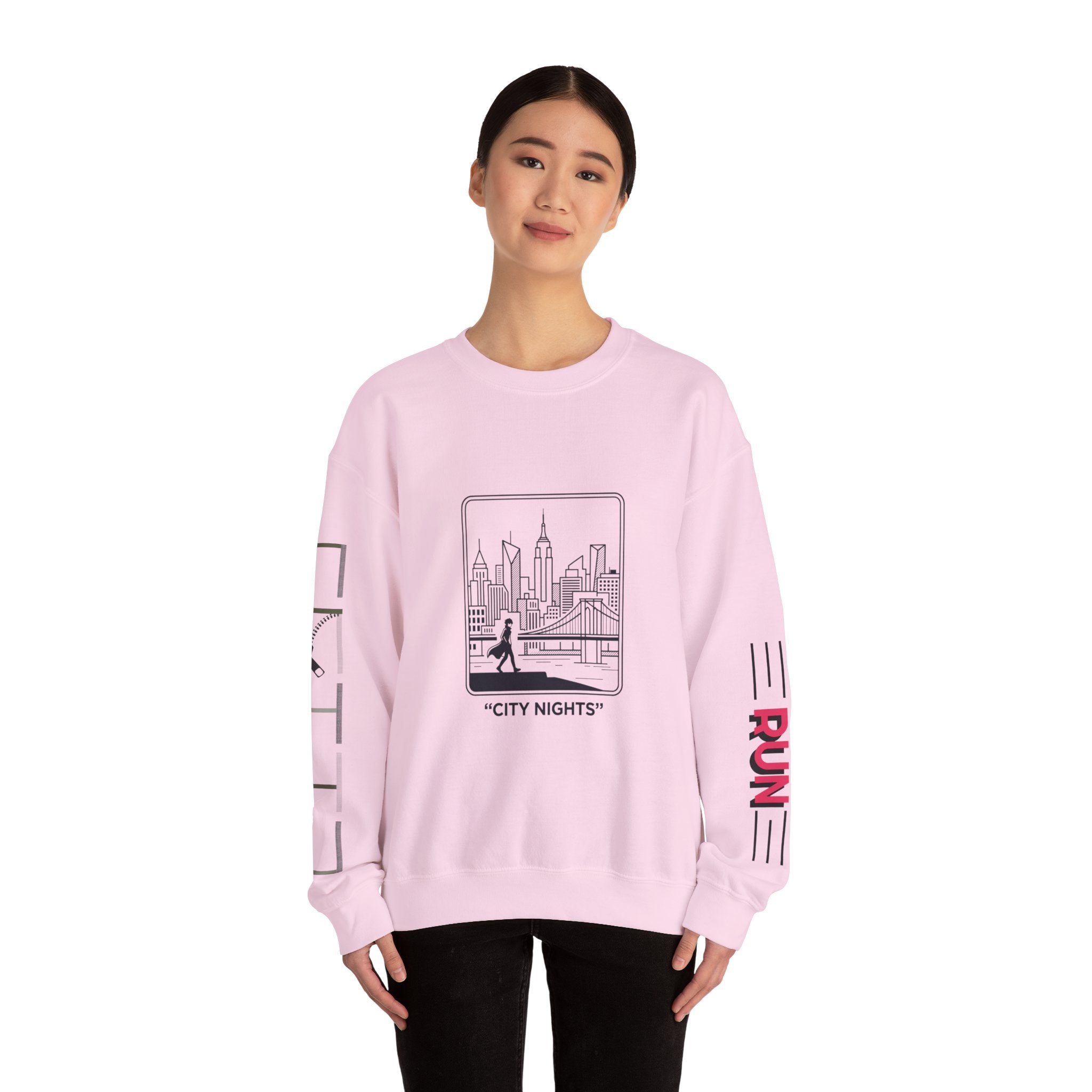 City Nights Crewneck Sweatshirt — 'Run / Midnight' Urban Skyline Graphic