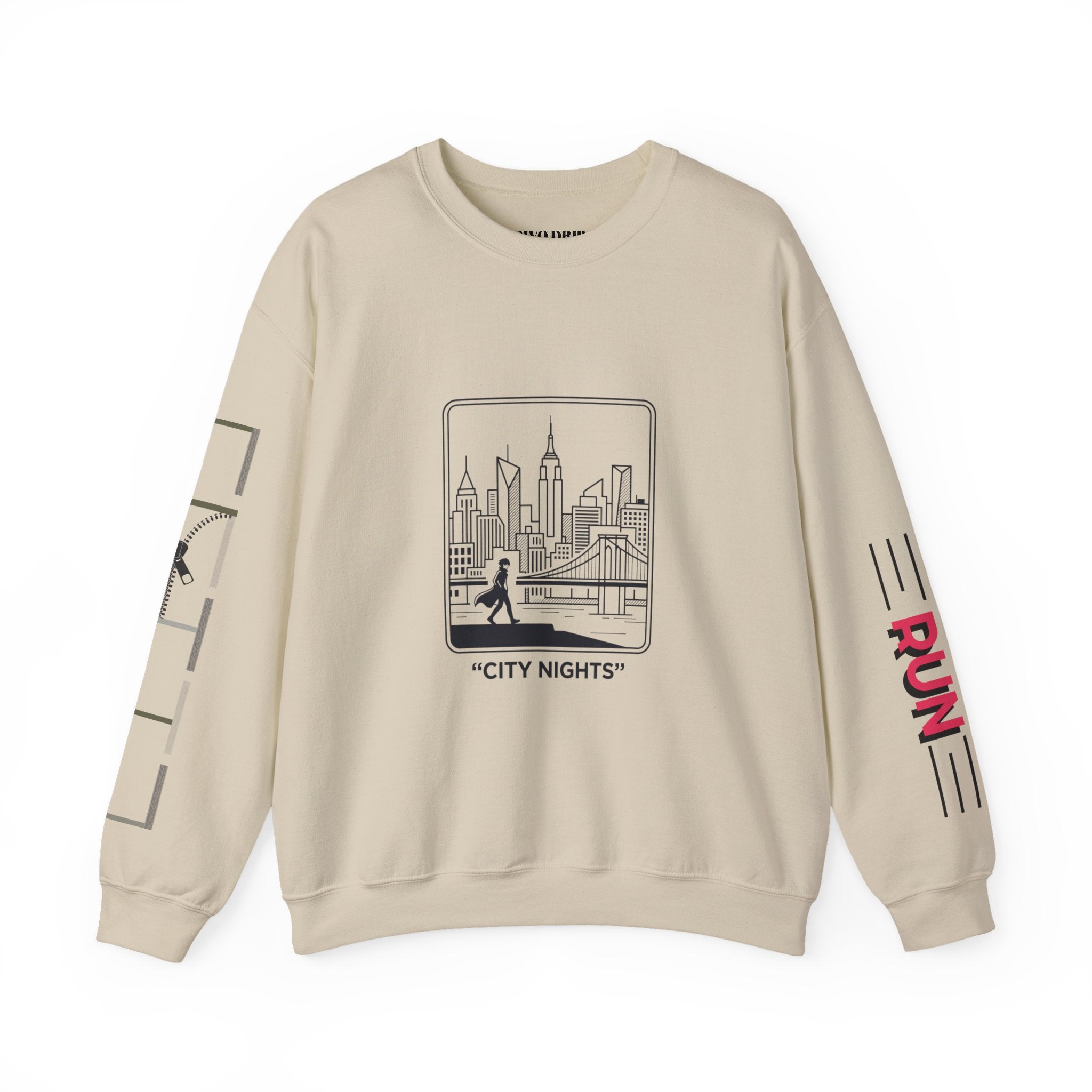 City Nights Crewneck Sweatshirt — 'Run / Midnight' Urban Skyline Graphic