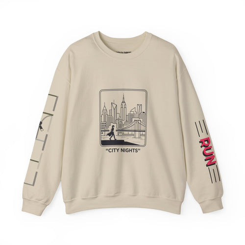 City Nights Crewneck Sweatshirt — 'Run / Midnight' Urban Skyline Graphic