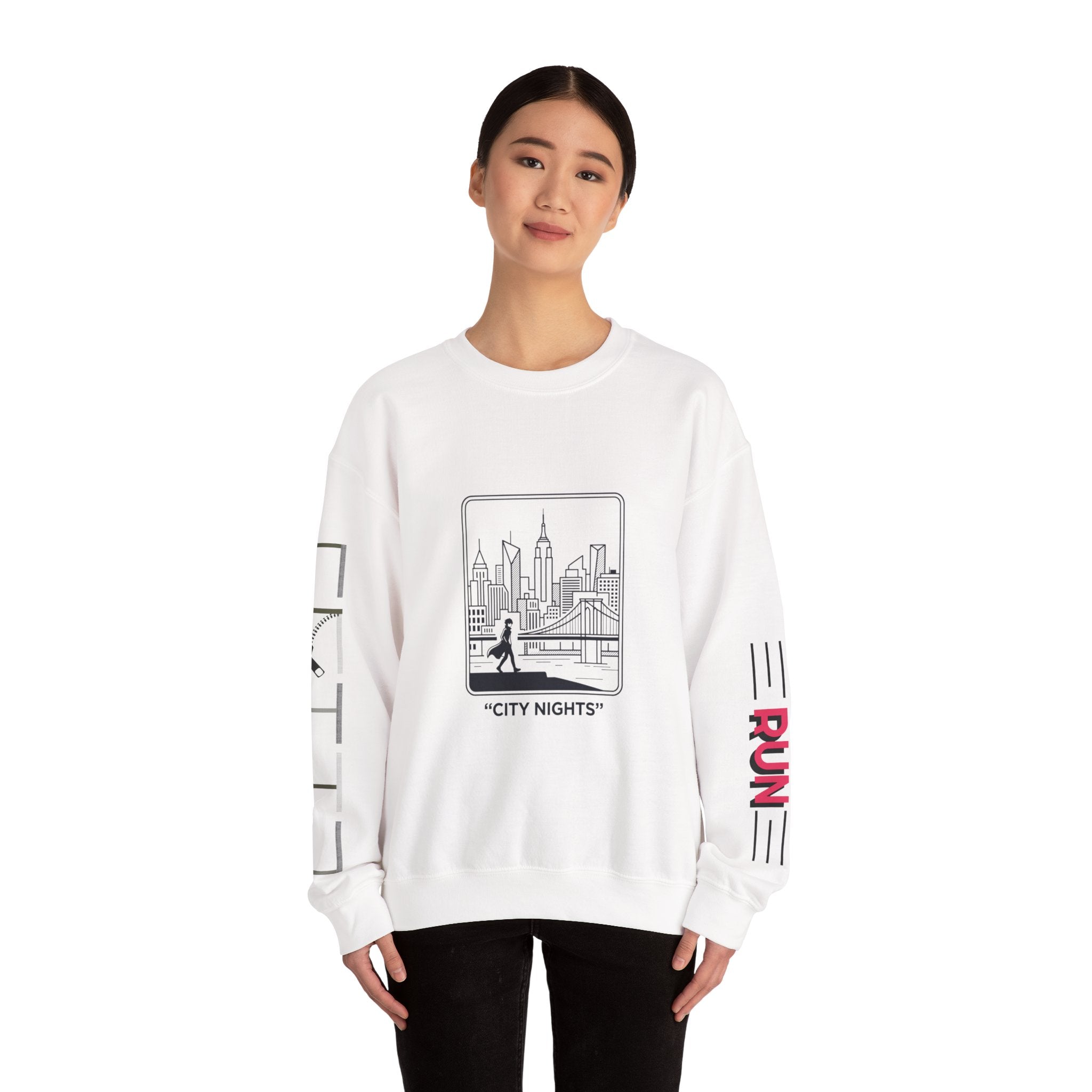 City Nights Crewneck Sweatshirt — 'Run / Midnight' Urban Skyline Graphic