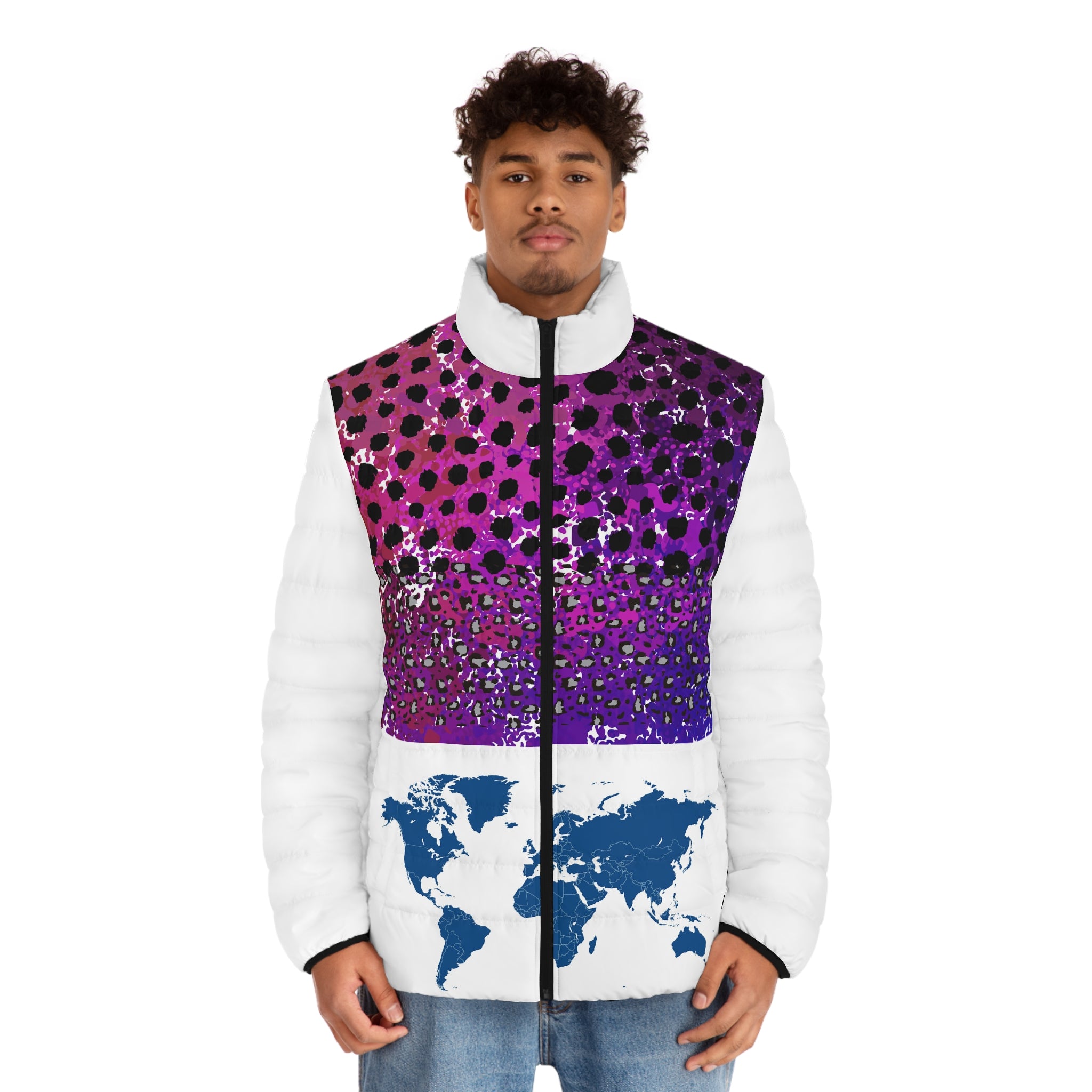 World Map Colorblock Puffer Jacket
