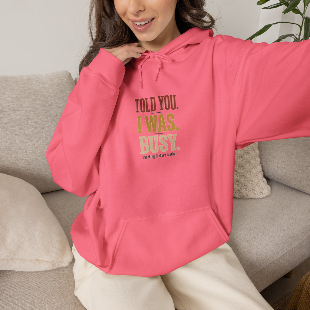 Told You I Was Busy Hoodie — Minimalist Text Graphic Pullover