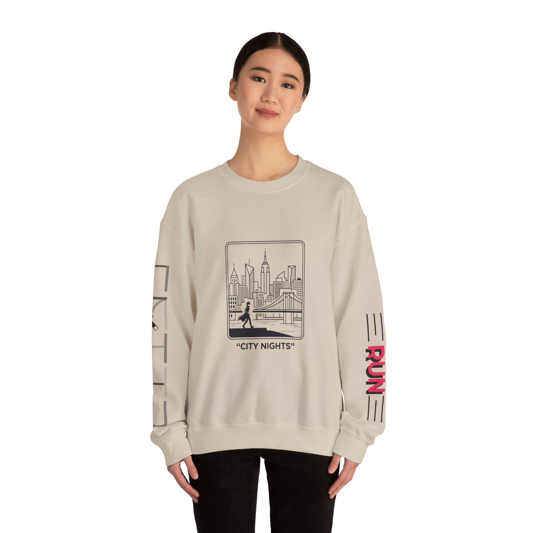 City Nights Crewneck Sweatshirt — 'Run / Midnight' Urban Skyline Graphic