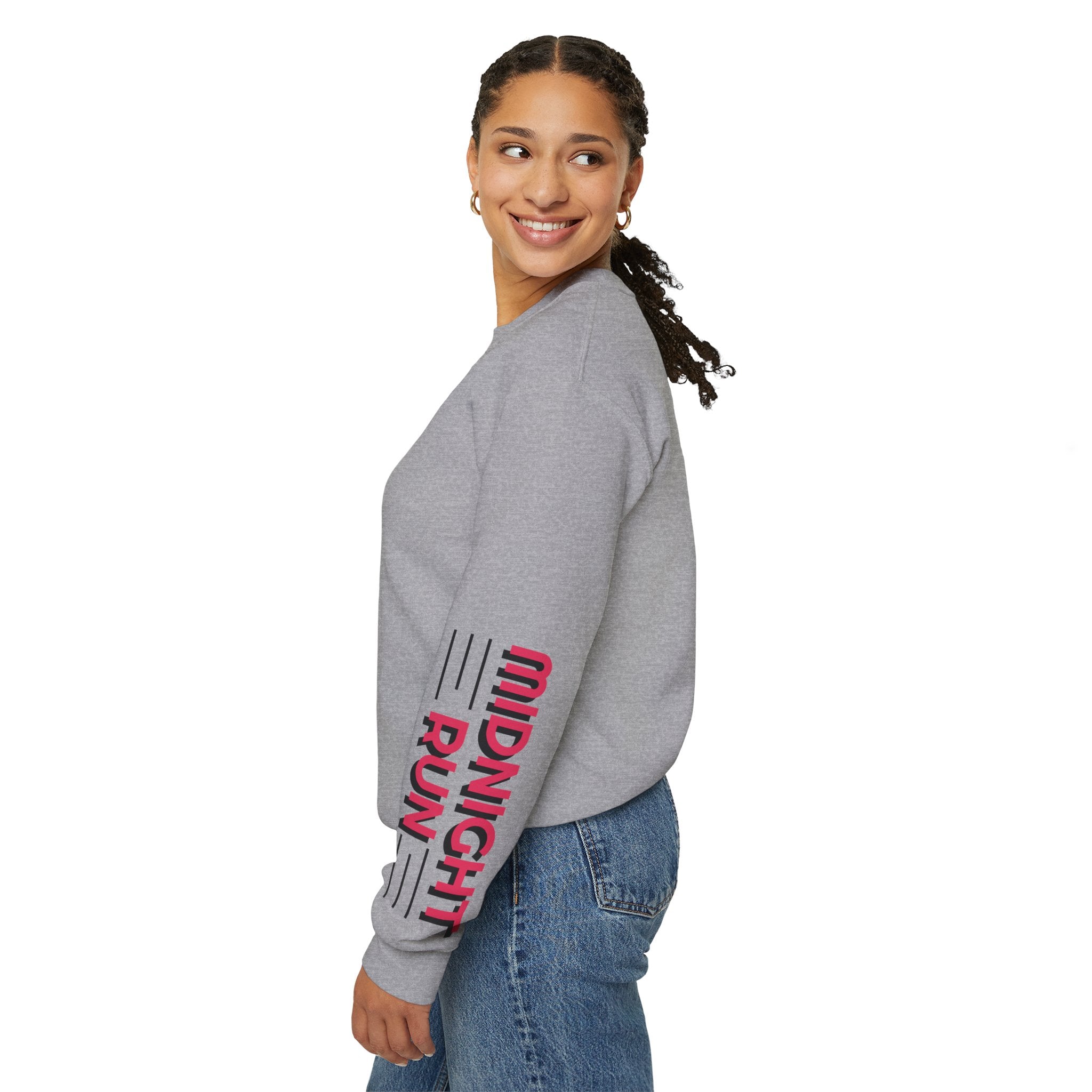 City Nights Crewneck Sweatshirt — 'Run / Midnight' Urban Skyline Graphic