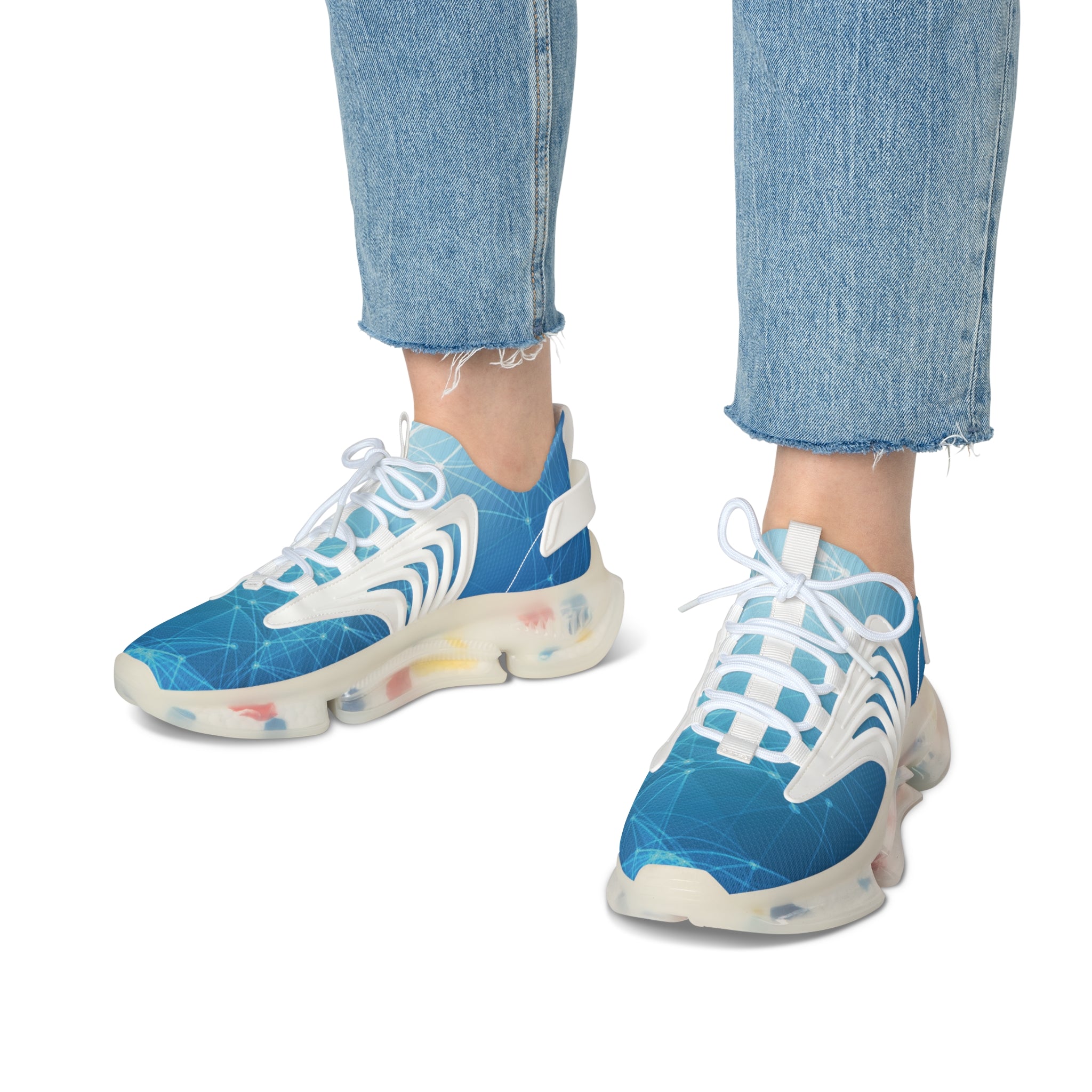 Mesh Sneakers — Blue Geo Network Athletic Shoes for Women