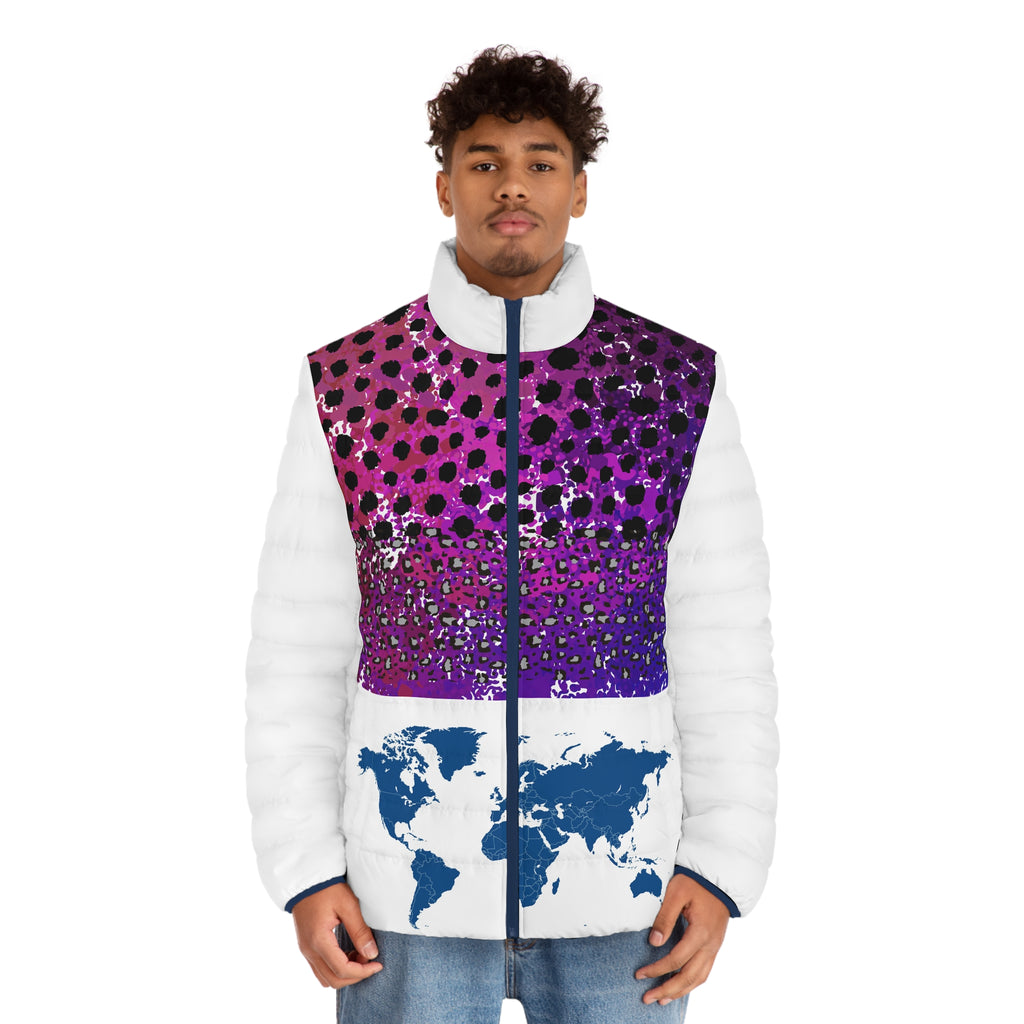 World Map Colorblock Puffer Jacket