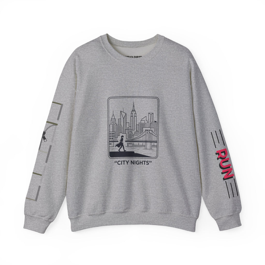 City Nights Crewneck Sweatshirt — 'Run / Midnight' Urban Skyline Graphic