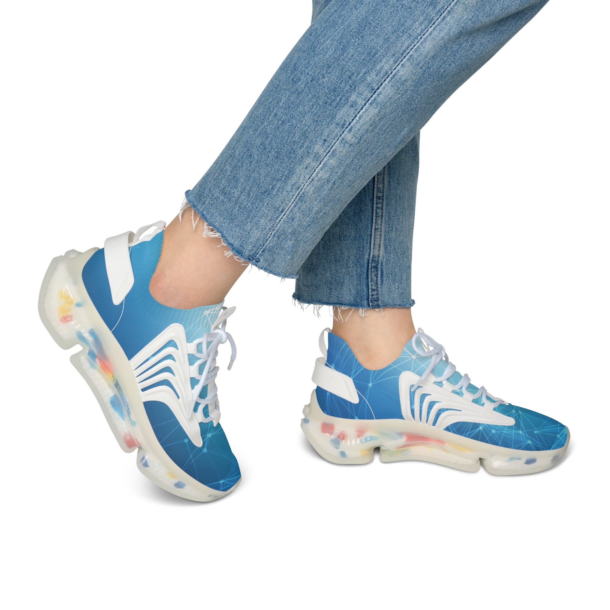Mesh Sneakers — Blue Geo Network Athletic Shoes for Women