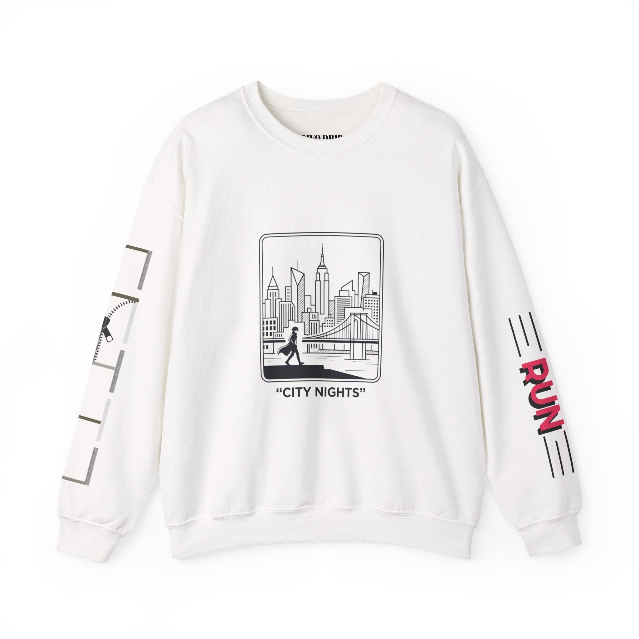 City Nights Crewneck Sweatshirt — 'Run / Midnight' Urban Skyline Graphic