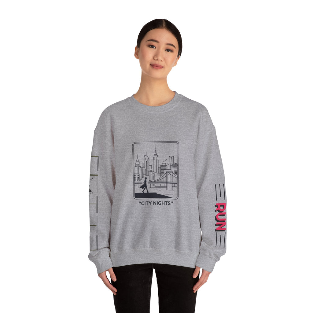 City Nights Crewneck Sweatshirt — 'Run / Midnight' Urban Skyline Graphic
