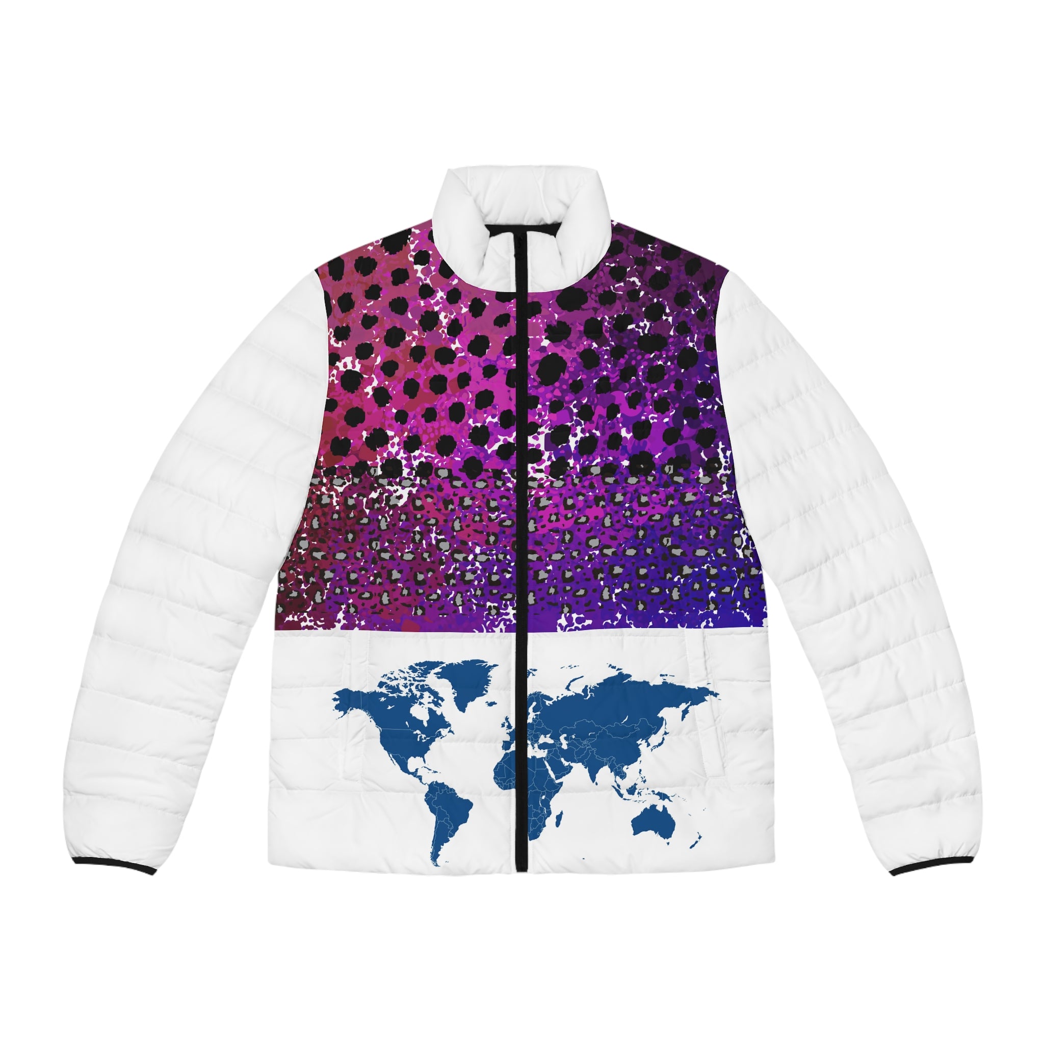 World Map Colorblock Puffer Jacket
