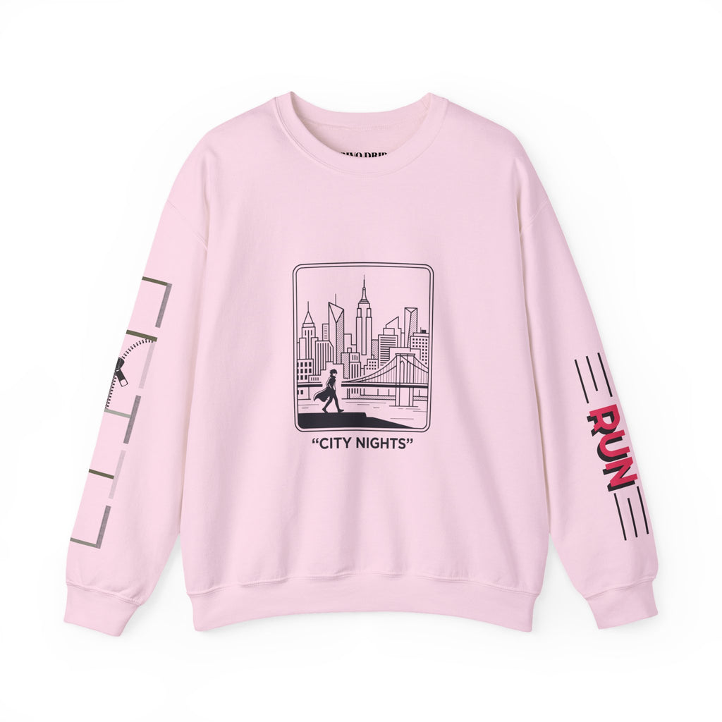 City Nights Crewneck Sweatshirt — 'Run / Midnight' Urban Skyline Graphic